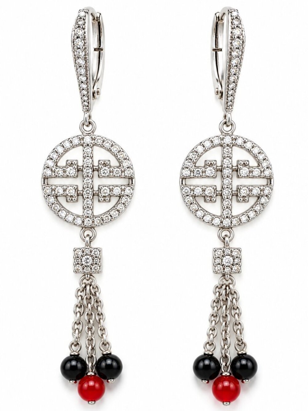 ESPO 925 Sterling Silver Crystal Asian Inspired Tassel Dangle Earrings